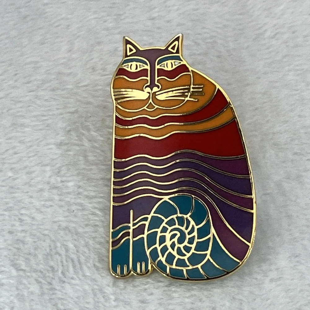 Laurel Burch Rainbow Cat Brooch Pin Signed Whimsical Gold Tone Kitty Collectible